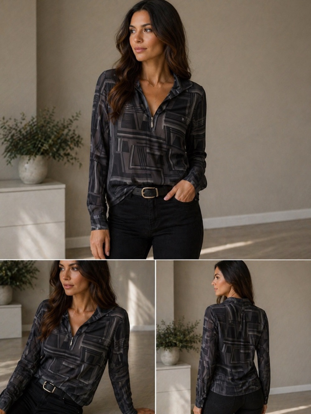 Akris Black and Gray Geometric Sheer V-Neck Blouse